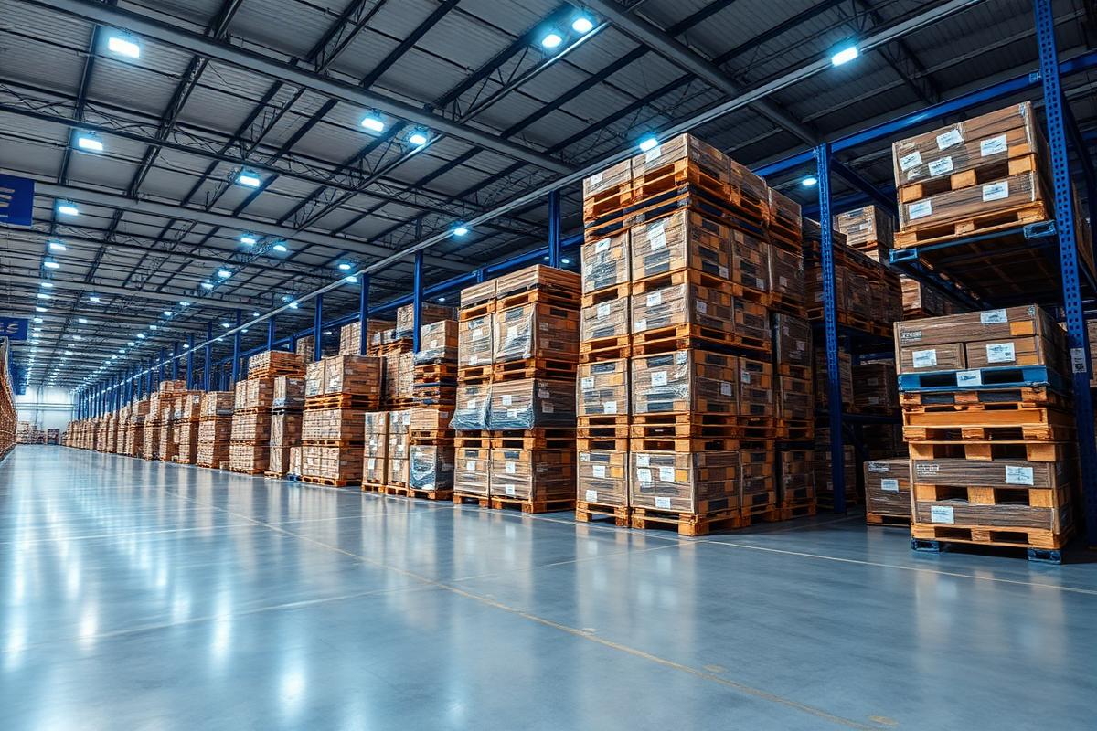 High-tech logistics warehouse with stacked pallets